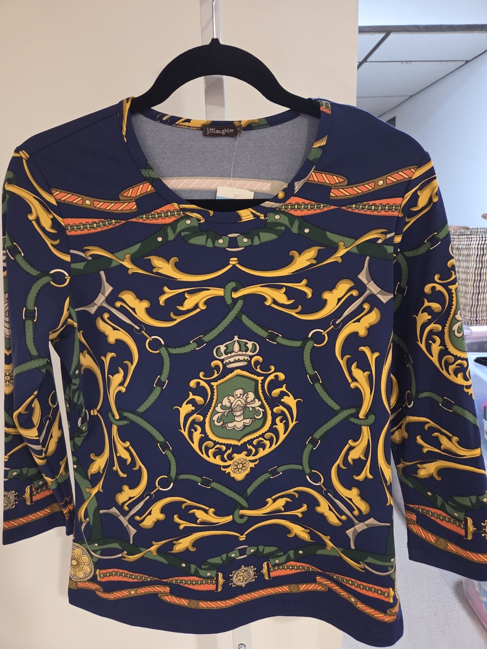 J. McLaughlin Navy Blue & Yellow Printed Crewneck Top